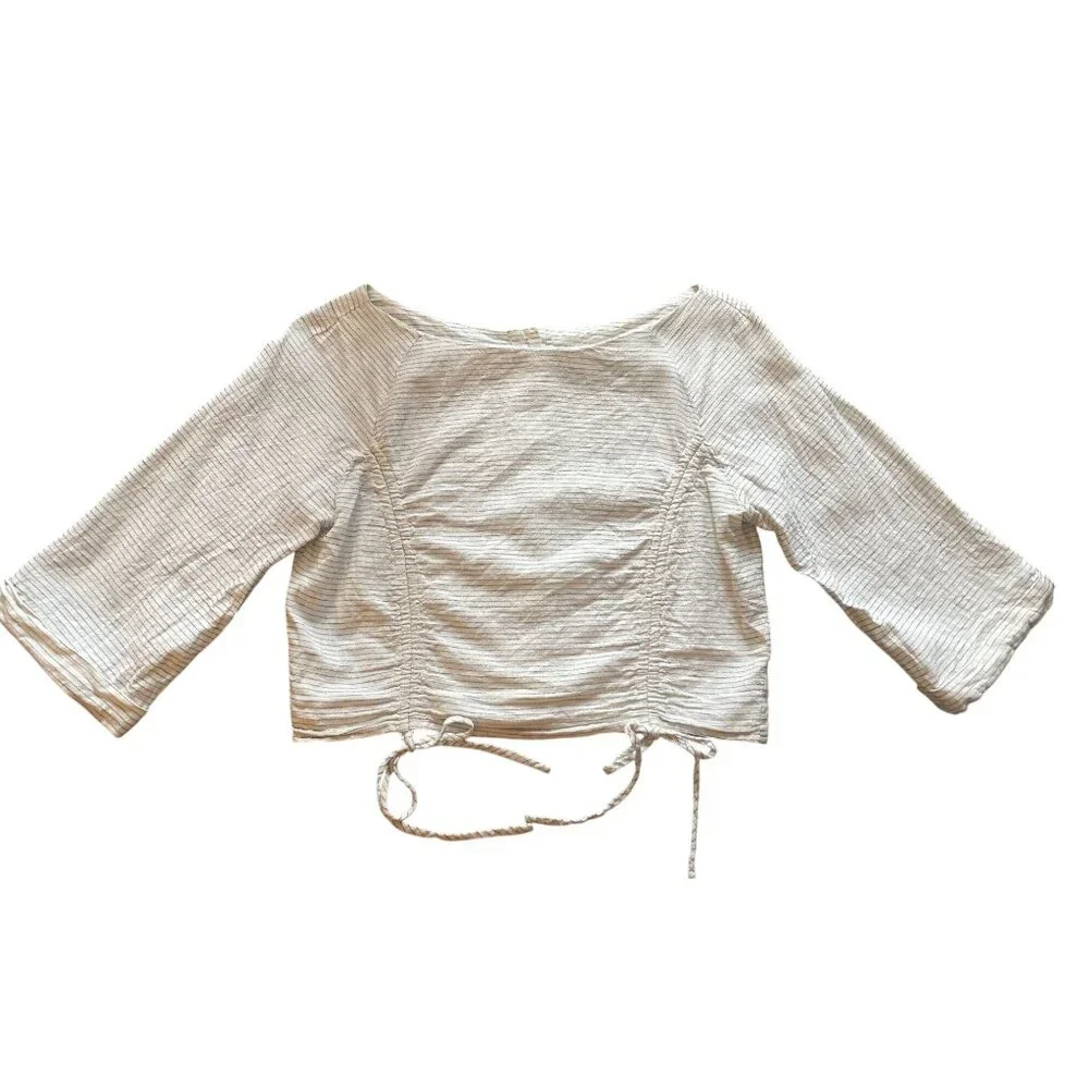 Zara Basic Medium 3/4 sleeve ruched drawstring striped top